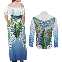 Aotearoa New Zealand Natural Plants Couples Matching Off Shoulder Maxi Dress and Long Sleeve Button Shirt Pohutukawa with Silver Ferns Koru Frond Maori Tattoos LT03 - Polynesian Pride