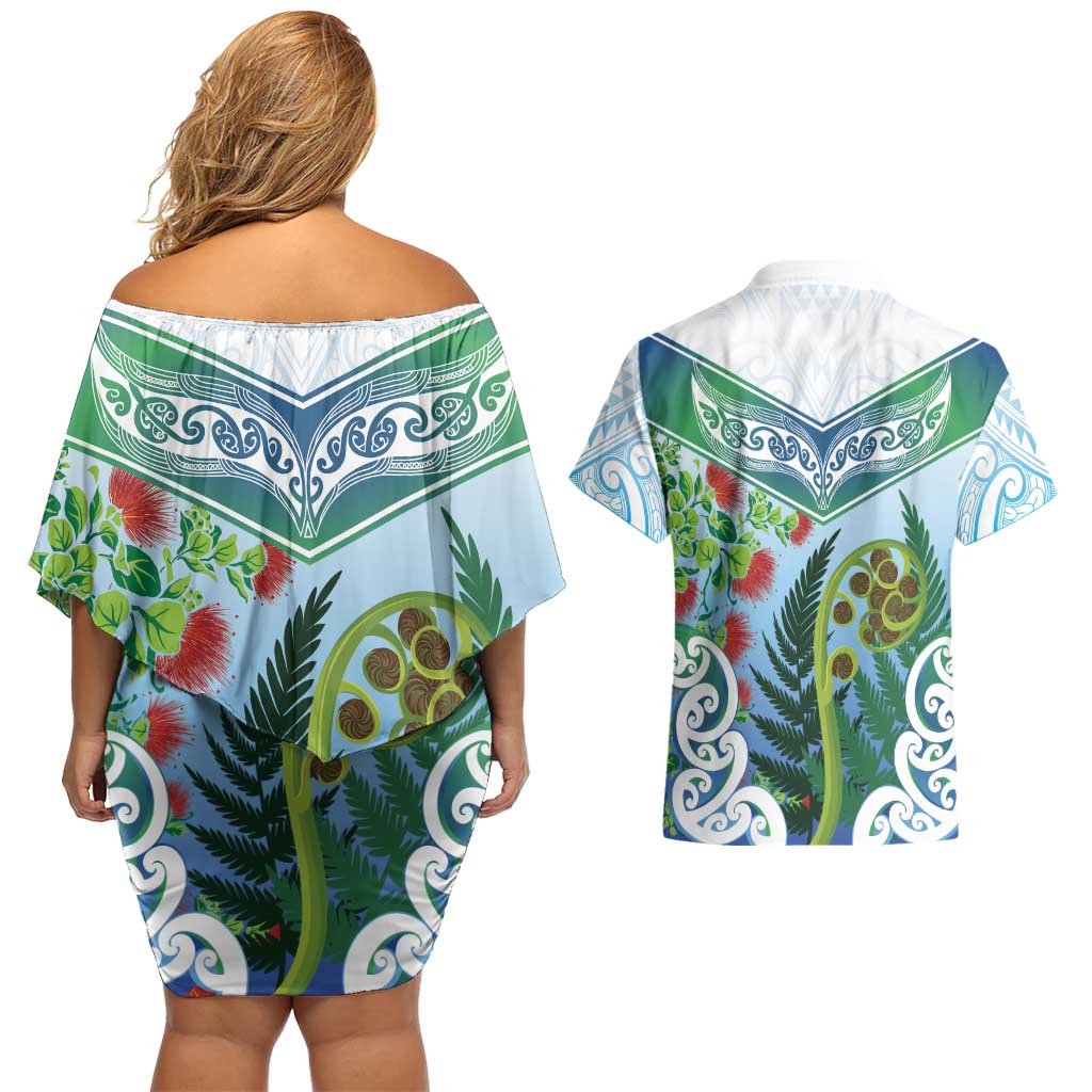 Aotearoa New Zealand Natural Plants Couples Matching Off Shoulder Short Dress and Hawaiian Shirt Pohutukawa with Silver Ferns Koru Frond Maori Tattoos LT03 - Polynesian Pride