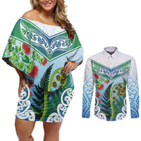 Aotearoa New Zealand Natural Plants Couples Matching Off Shoulder Short Dress and Long Sleeve Button Shirt Pohutukawa with Silver Ferns Koru Frond Maori Tattoos LT03 Multicolor - Polynesian Pride