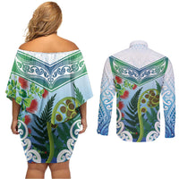 Aotearoa New Zealand Natural Plants Couples Matching Off Shoulder Short Dress and Long Sleeve Button Shirt Pohutukawa with Silver Ferns Koru Frond Maori Tattoos LT03 - Polynesian Pride