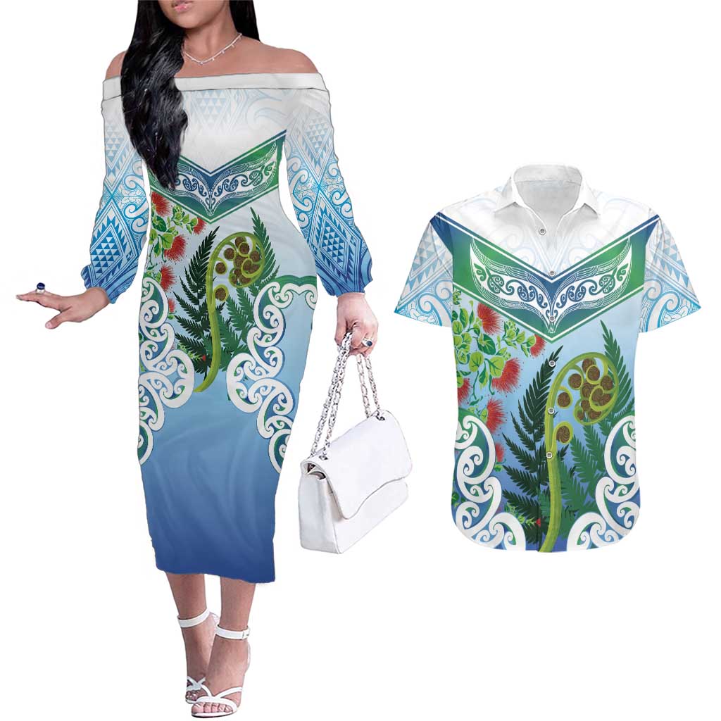 Aotearoa New Zealand Natural Plants Couples Matching Off The Shoulder Long Sleeve Dress and Hawaiian Shirt Pohutukawa with Silver Ferns Koru Frond Maori Tattoos LT03 Multicolor - Polynesian Pride