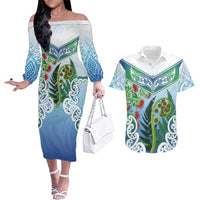 Aotearoa New Zealand Natural Plants Couples Matching Off The Shoulder Long Sleeve Dress and Hawaiian Shirt Pohutukawa with Silver Ferns Koru Frond Maori Tattoos LT03 Multicolor - Polynesian Pride