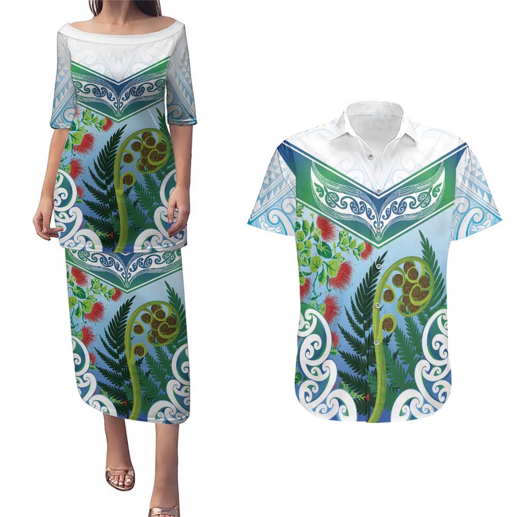 Aotearoa New Zealand Natural Plants Couples Matching Puletasi and Hawaiian Shirt Pohutukawa with Silver Ferns Koru Frond Maori Tattoos LT03 Multicolor - Polynesian Pride