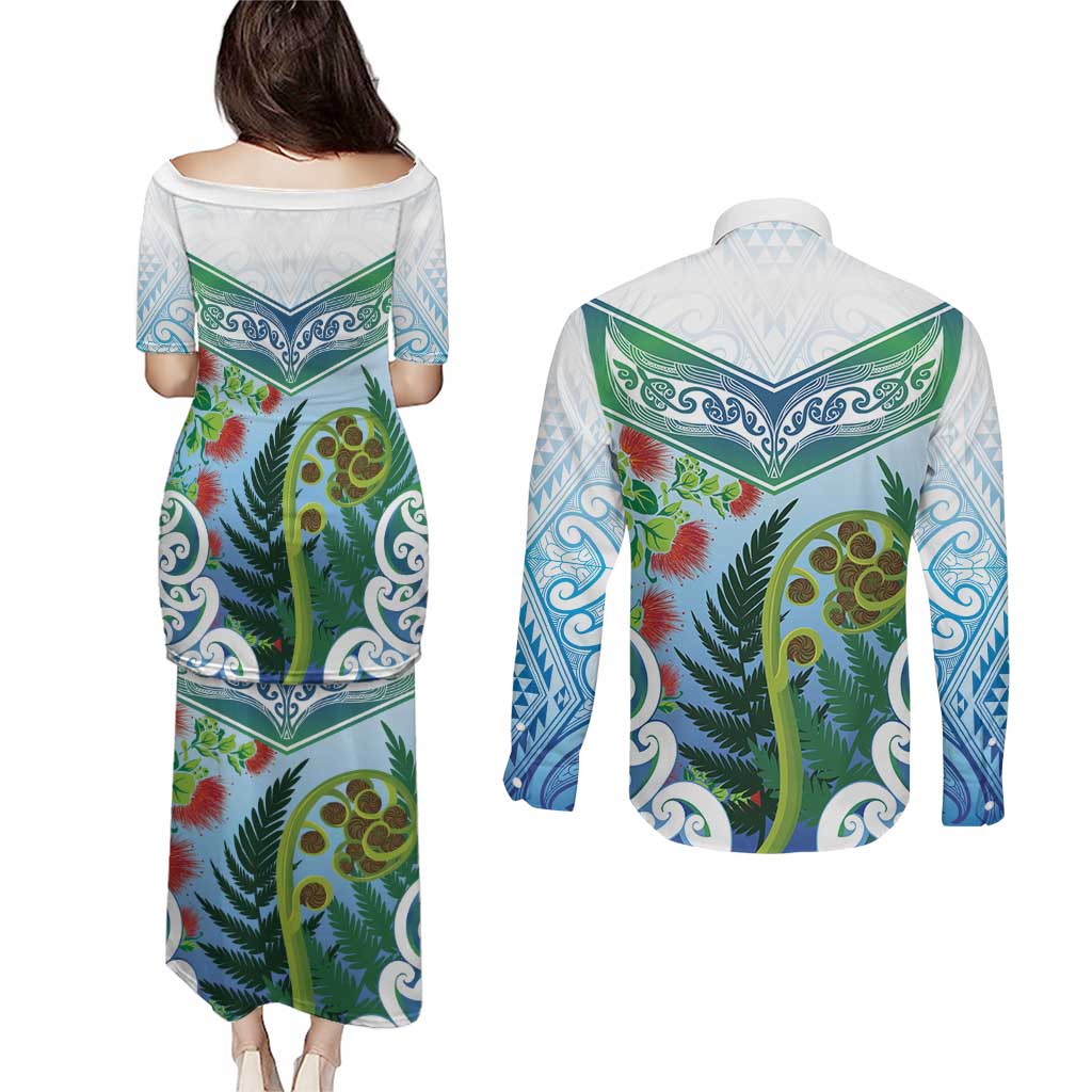 Aotearoa New Zealand Natural Plants Couples Matching Puletasi and Long Sleeve Button Shirt Pohutukawa with Silver Ferns Koru Frond Maori Tattoos LT03 - Polynesian Pride