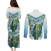 Aotearoa New Zealand Natural Plants Couples Matching Puletasi and Long Sleeve Button Shirt Pohutukawa with Silver Ferns Koru Frond Maori Tattoos LT03 - Polynesian Pride