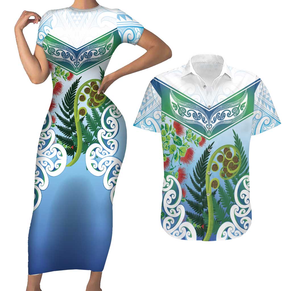 Aotearoa New Zealand Natural Plants Couples Matching Short Sleeve Bodycon Dress and Hawaiian Shirt Pohutukawa with Silver Ferns Koru Frond Maori Tattoos LT03 Multicolor - Polynesian Pride