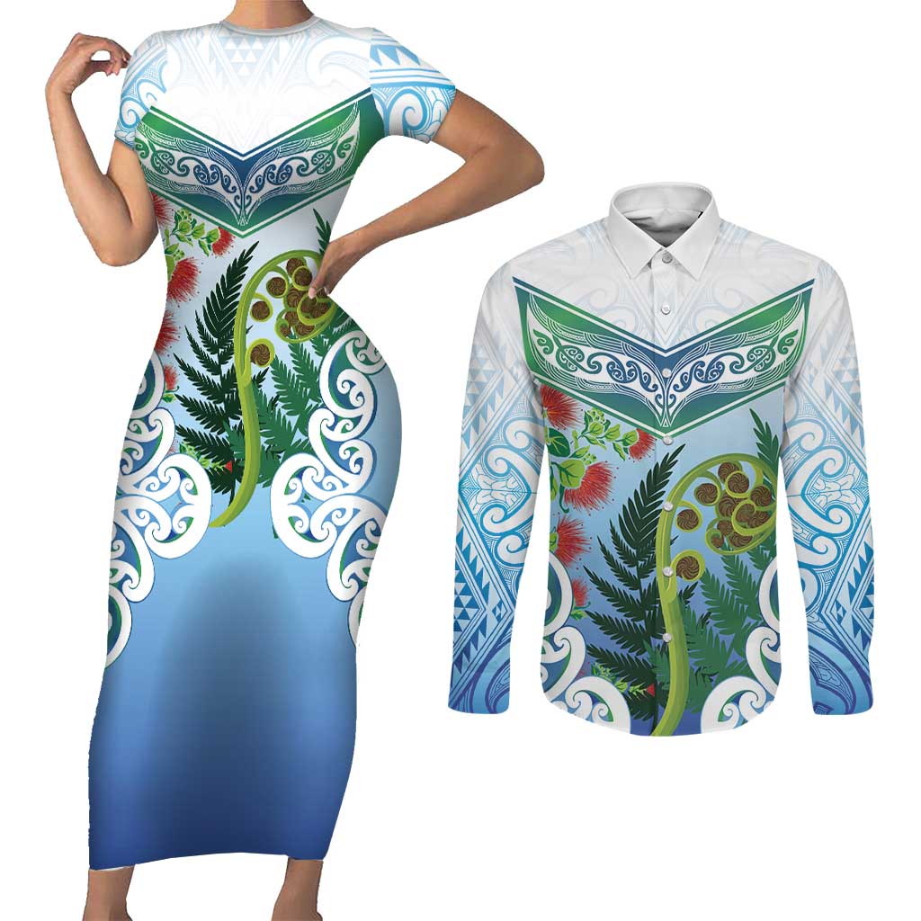 Aotearoa New Zealand Natural Plants Couples Matching Short Sleeve Bodycon Dress and Long Sleeve Button Shirt Pohutukawa with Silver Ferns Koru Frond Maori Tattoos LT03 Multicolor - Polynesian Pride