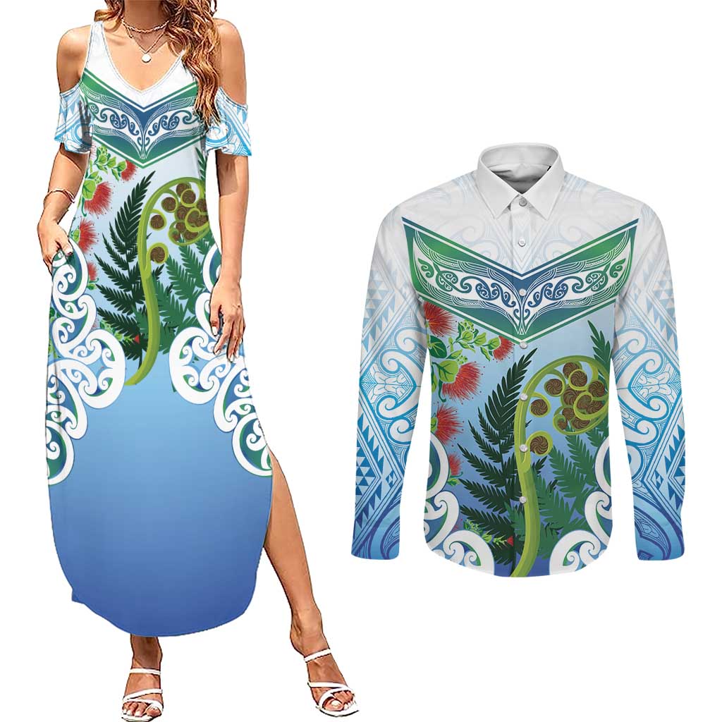 Aotearoa New Zealand Natural Plants Couples Matching Summer Maxi Dress and Long Sleeve Button Shirt Pohutukawa with Silver Ferns Koru Frond Maori Tattoos LT03 Multicolor - Polynesian Pride