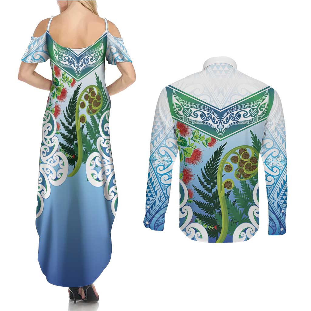 Aotearoa New Zealand Natural Plants Couples Matching Summer Maxi Dress and Long Sleeve Button Shirt Pohutukawa with Silver Ferns Koru Frond Maori Tattoos LT03 - Polynesian Pride