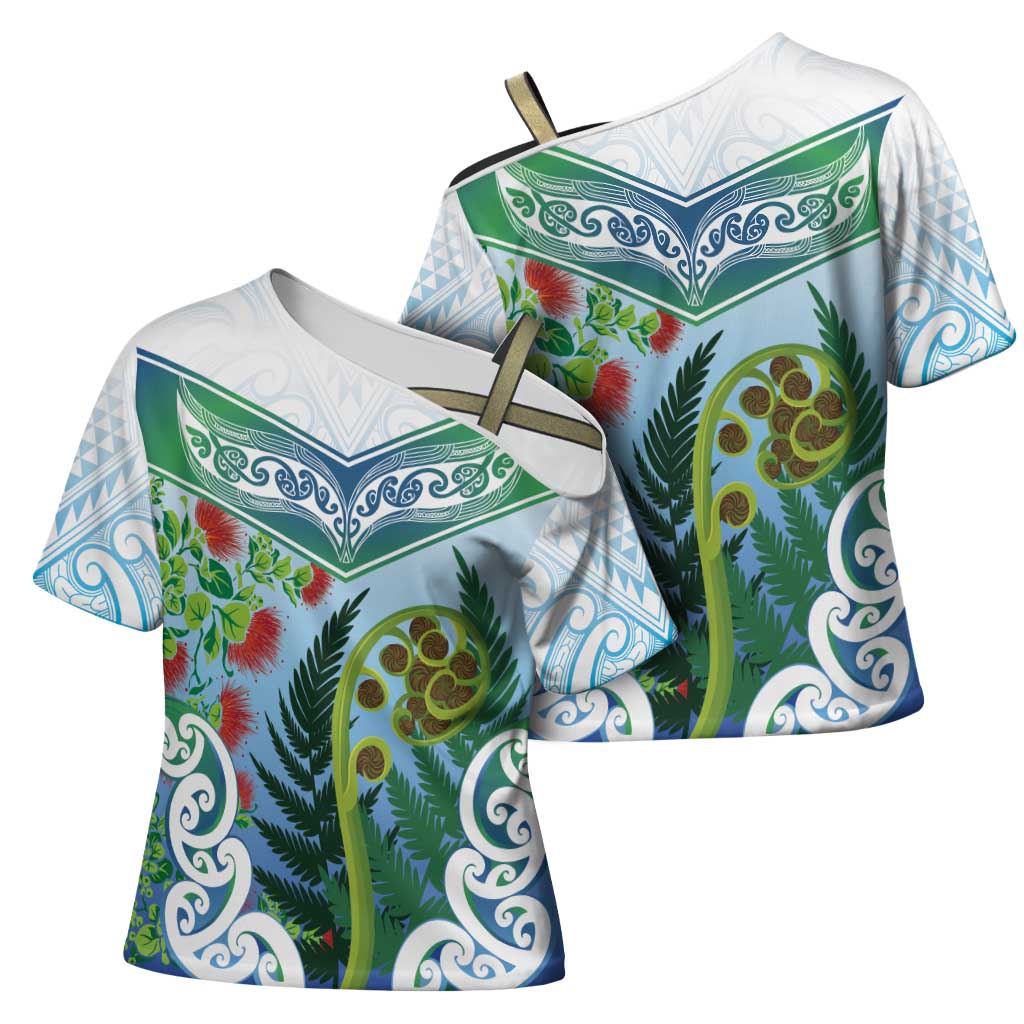 Aotearoa New Zealand Natural Plants Cross Shoulder Shirt Pohutukawa with Silver Ferns Koru Frond Maori Tattoos LT03 - Polynesian Pride