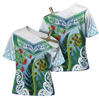 Aotearoa New Zealand Natural Plants Cross Shoulder Shirt Pohutukawa with Silver Ferns Koru Frond Maori Tattoos LT03 - Polynesian Pride