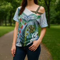 Aotearoa New Zealand Natural Plants Cross Shoulder Shirt Pohutukawa with Silver Ferns Koru Frond Maori Tattoos LT03 - Polynesian Pride