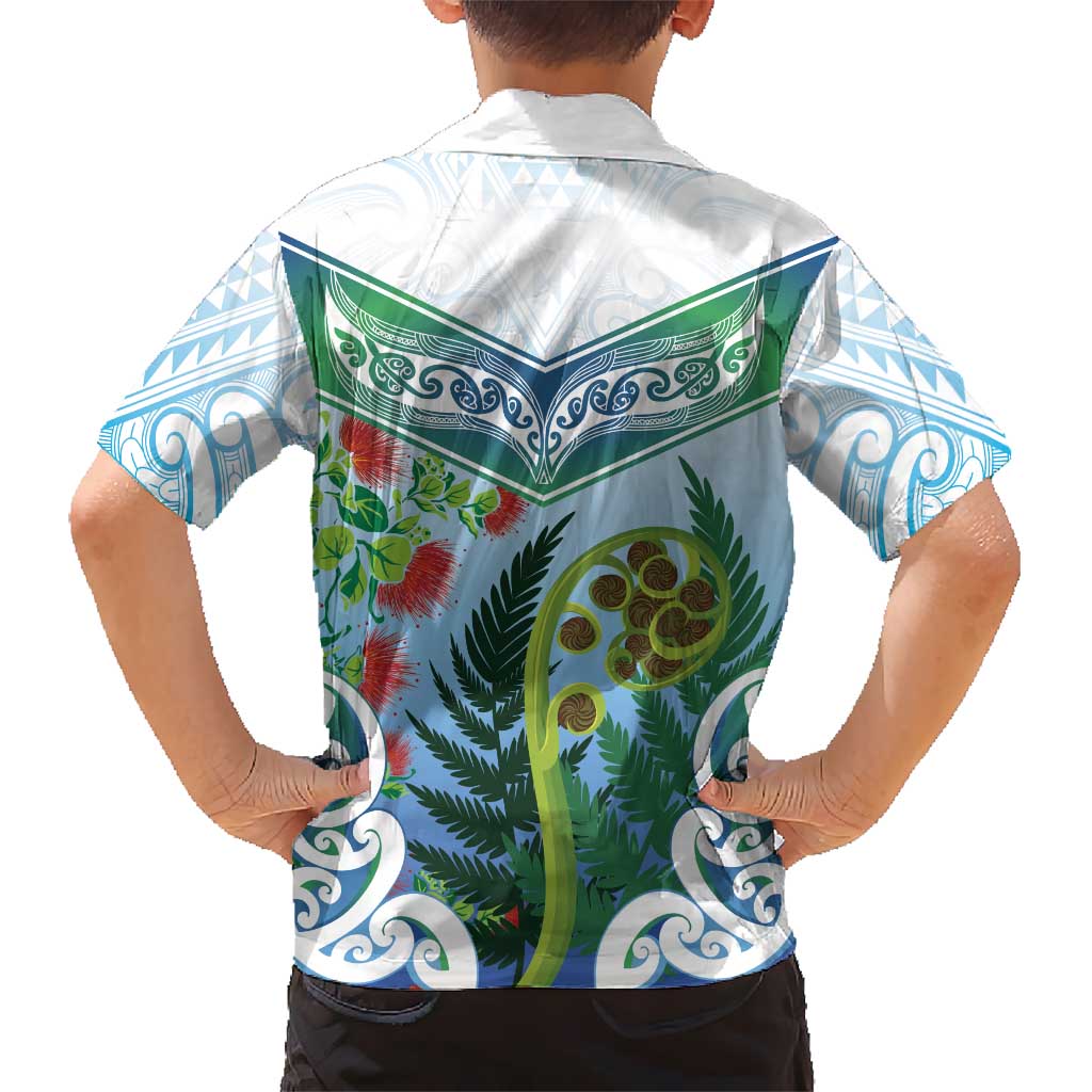 Aotearoa New Zealand Natural Plants Family Matching Long Sleeve Bodycon Dress and Hawaiian Shirt Pohutukawa with Silver Ferns Koru Frond Maori Tattoos LT03 - Polynesian Pride