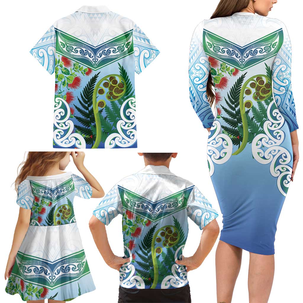 Aotearoa New Zealand Natural Plants Family Matching Long Sleeve Bodycon Dress and Hawaiian Shirt Pohutukawa with Silver Ferns Koru Frond Maori Tattoos LT03 - Polynesian Pride