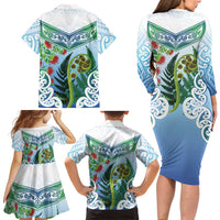 Aotearoa New Zealand Natural Plants Family Matching Long Sleeve Bodycon Dress and Hawaiian Shirt Pohutukawa with Silver Ferns Koru Frond Maori Tattoos LT03 - Polynesian Pride