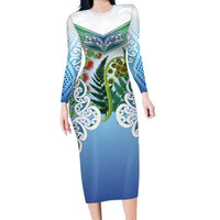 Aotearoa New Zealand Natural Plants Family Matching Long Sleeve Bodycon Dress and Hawaiian Shirt Pohutukawa with Silver Ferns Koru Frond Maori Tattoos LT03 Mom's Dress Multicolor - Polynesian Pride