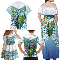 Aotearoa New Zealand Natural Plants Family Matching Off Shoulder Maxi Dress and Hawaiian Shirt Pohutukawa with Silver Ferns Koru Frond Maori Tattoos LT03 - Polynesian Pride