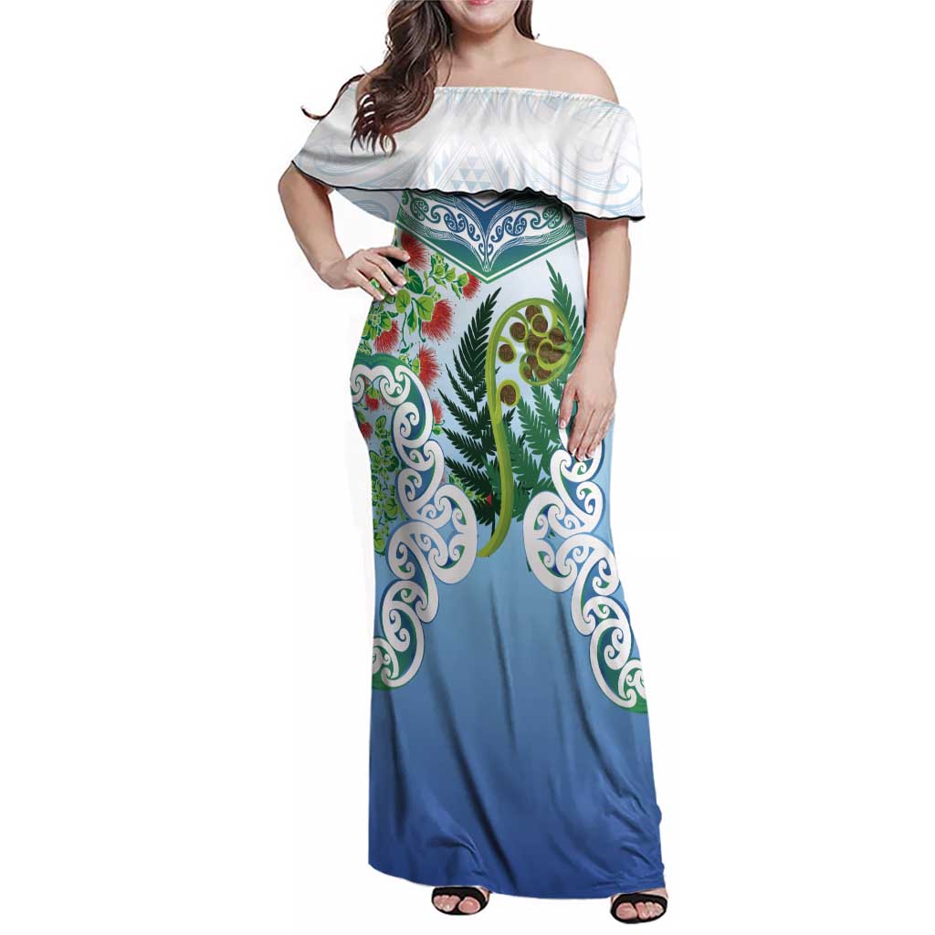Aotearoa New Zealand Natural Plants Family Matching Off Shoulder Maxi Dress and Hawaiian Shirt Pohutukawa with Silver Ferns Koru Frond Maori Tattoos LT03 Mom's Dress Multicolor - Polynesian Pride