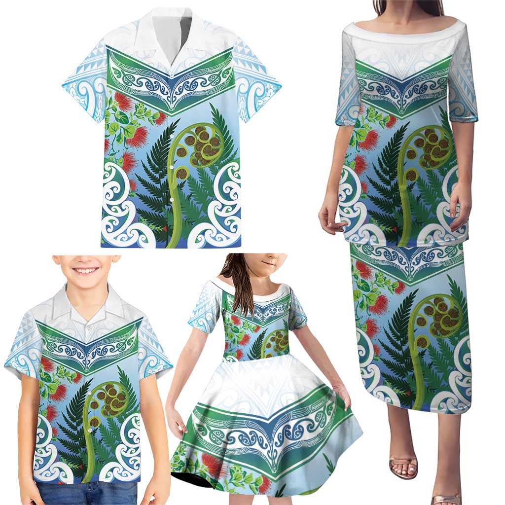 Aotearoa New Zealand Natural Plants Family Matching Puletasi and Hawaiian Shirt Pohutukawa with Silver Ferns Koru Frond Maori Tattoos LT03 - Polynesian Pride