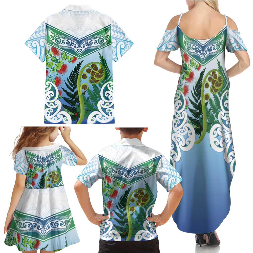 Aotearoa New Zealand Natural Plants Family Matching Summer Maxi Dress and Hawaiian Shirt Pohutukawa with Silver Ferns Koru Frond Maori Tattoos LT03 - Polynesian Pride