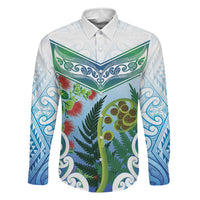 Aotearoa New Zealand Natural Plants Family Matching Tank Maxi Dress and Hawaiian Shirt Pohutukawa with Silver Ferns Koru Frond Maori Tattoos LT03 Dad's Shirt - Long Sleeve Multicolor - Polynesian Pride