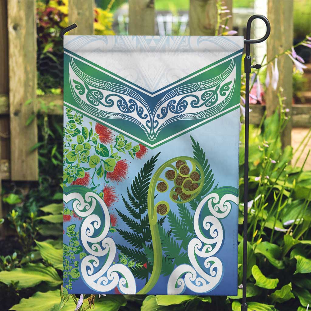 Aotearoa New Zealand Natural Plants Garden Flag Pohutukawa with Silver Ferns Koru Frond Maori Tattoos LT03 Garden Flag Multicolor - Polynesian Pride