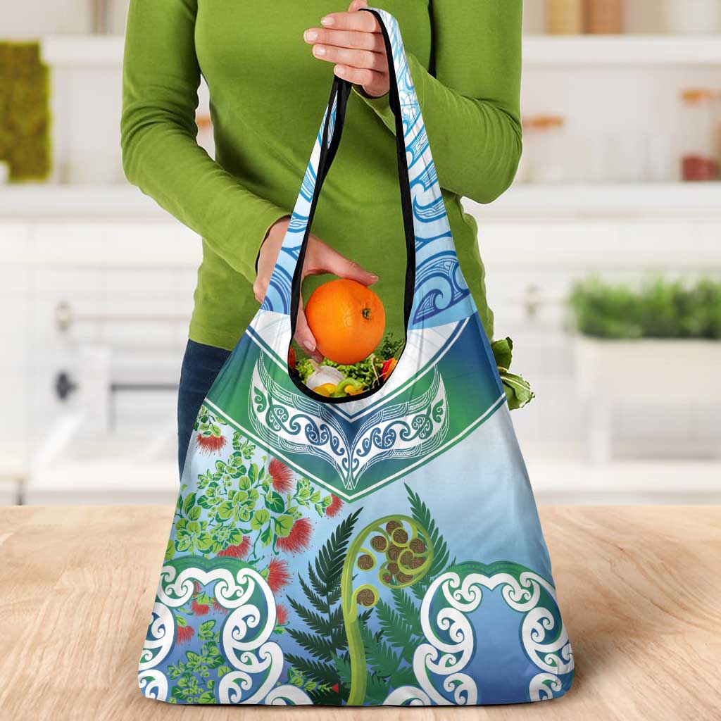 Aotearoa New Zealand Natural Plants Grocery Bag Pohutukawa with Silver Ferns Koru Frond Maori Tattoos LT03 - Polynesian Pride