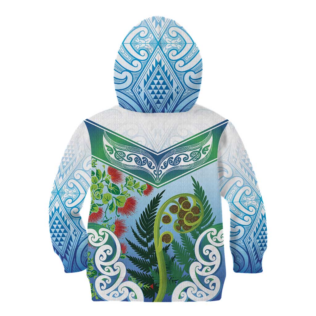 Aotearoa New Zealand Natural Plants Kid Hoodie Pohutukawa with Silver Ferns Koru Frond Maori Tattoos LT03 - Polynesian Pride