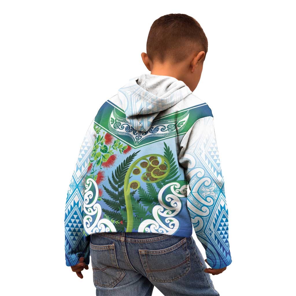 Aotearoa New Zealand Natural Plants Kid Hoodie Pohutukawa with Silver Ferns Koru Frond Maori Tattoos LT03 - Polynesian Pride