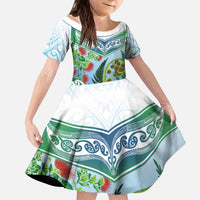Aotearoa New Zealand Natural Plants Kid Short Sleeve Dress Pohutukawa with Silver Ferns Koru Frond Maori Tattoos LT03 KID Multicolor - Polynesian Pride