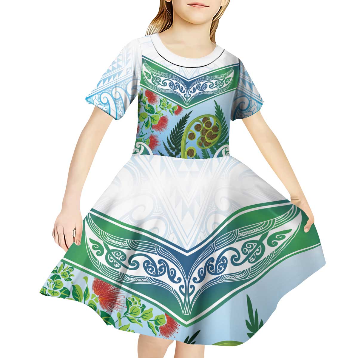 Aotearoa New Zealand Natural Plants Kid Short Sleeve Dress Pohutukawa with Silver Ferns Koru Frond Maori Tattoos LT03 - Polynesian Pride