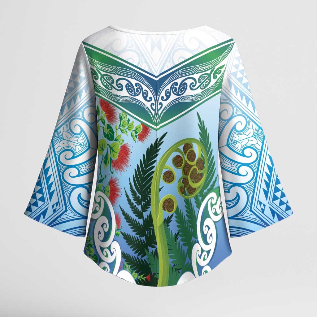 Aotearoa New Zealand Natural Plants Kimono Sleeve Blouse Pohutukawa with Silver Ferns Koru Frond Maori Tattoos LT03 - Polynesian Pride