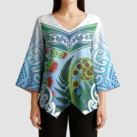 Aotearoa New Zealand Natural Plants Kimono Sleeve Blouse Pohutukawa with Silver Ferns Koru Frond Maori Tattoos LT03 - Polynesian Pride
