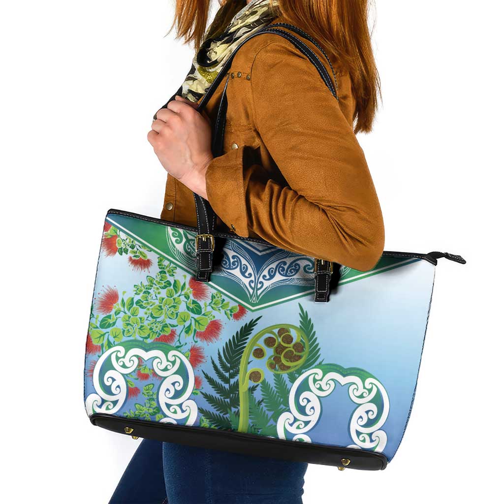 Aotearoa New Zealand Natural Plants Leather Tote Bag Pohutukawa with Silver Ferns Koru Frond Maori Tattoos LT03 Multicolor - Polynesian Pride