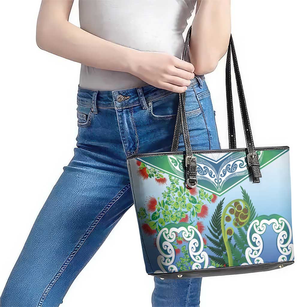 Aotearoa New Zealand Natural Plants Leather Tote Bag Pohutukawa with Silver Ferns Koru Frond Maori Tattoos LT03 - Polynesian Pride