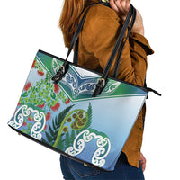 Aotearoa New Zealand Natural Plants Leather Tote Bag Pohutukawa with Silver Ferns Koru Frond Maori Tattoos LT03 - Polynesian Pride