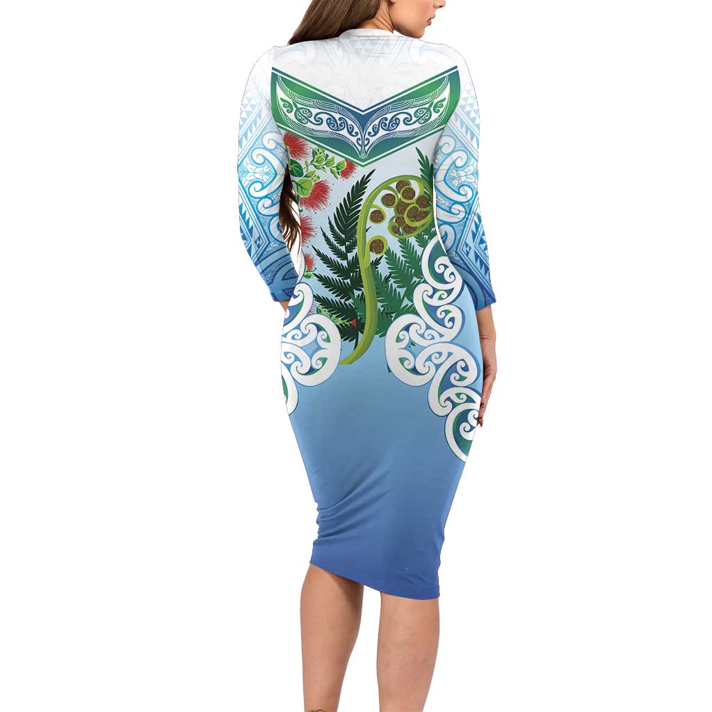 Aotearoa New Zealand Natural Plants Long Sleeve Bodycon Dress Pohutukawa with Silver Ferns Koru Frond Maori Tattoos LT03 - Polynesian Pride