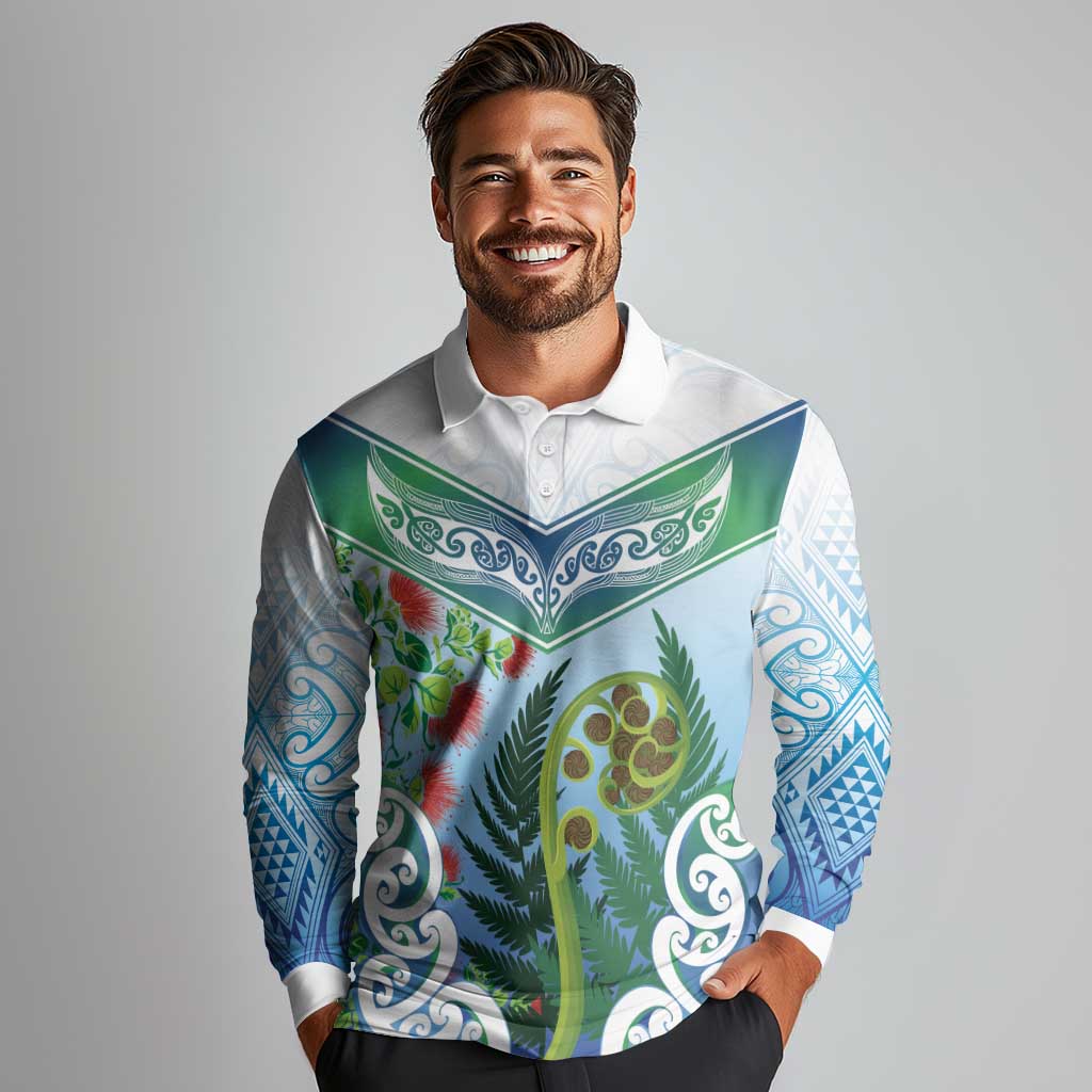 Aotearoa New Zealand Natural Plants Long Sleeve Polo Shirt Pohutukawa with Silver Ferns Koru Frond Maori Tattoos LT03 - Polynesian Pride