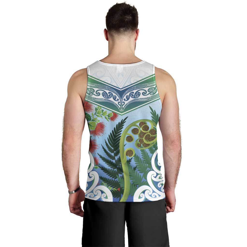 Aotearoa New Zealand Natural Plants Men Tank Top Pohutukawa with Silver Ferns Koru Frond Maori Tattoos LT03 - Polynesian Pride