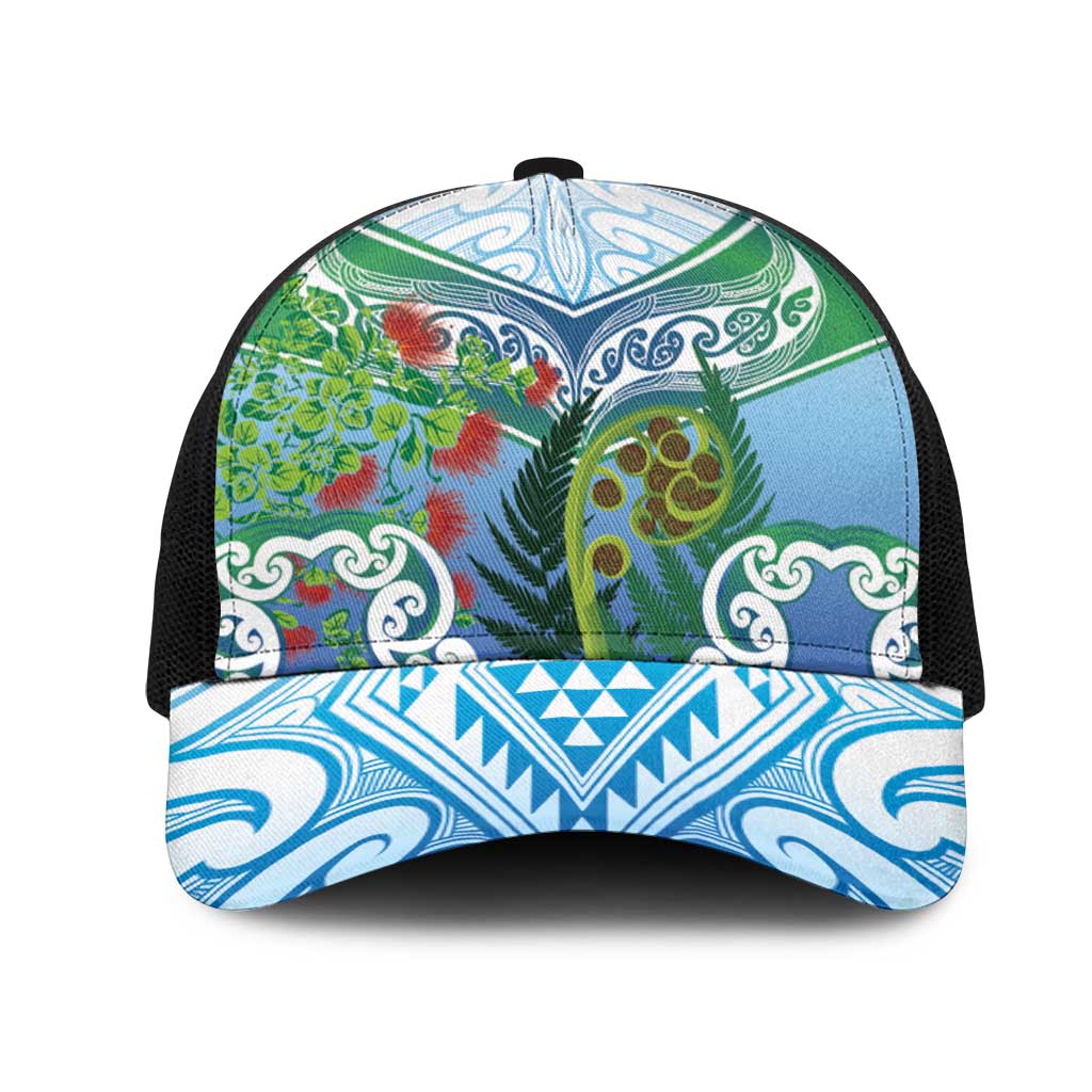 Aotearoa New Zealand Natural Plants Mesh Trucker Cap Pohutukawa with Silver Ferns Koru Frond Maori Tattoos