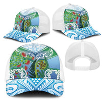 Aotearoa New Zealand Natural Plants Mesh Trucker Cap Pohutukawa with Silver Ferns Koru Frond Maori Tattoos