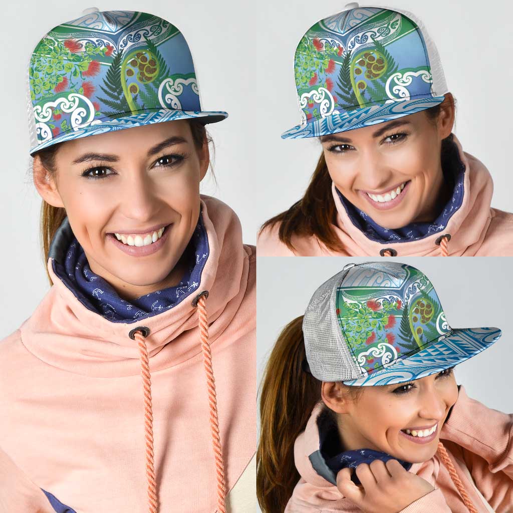 Aotearoa New Zealand Natural Plants Mesh Trucker Cap Pohutukawa with Silver Ferns Koru Frond Maori Tattoos