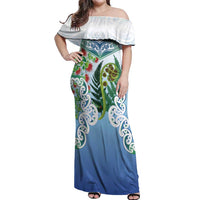 Aotearoa New Zealand Natural Plants Off Shoulder Maxi Dress Pohutukawa with Silver Ferns Koru Frond Maori Tattoos LT03 Women Multicolor - Polynesian Pride