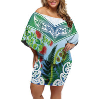 Aotearoa New Zealand Natural Plants Off Shoulder Short Dress Pohutukawa with Silver Ferns Koru Frond Maori Tattoos LT03 Women Multicolor - Polynesian Pride