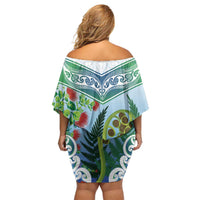 Aotearoa New Zealand Natural Plants Off Shoulder Short Dress Pohutukawa with Silver Ferns Koru Frond Maori Tattoos LT03 - Polynesian Pride