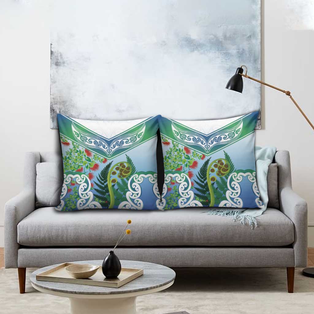 Aotearoa New Zealand Natural Plants Pillow Cover Pohutukawa with Silver Ferns Koru Frond Maori Tattoos LT03 - Polynesian Pride