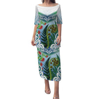 Aotearoa New Zealand Natural Plants Puletasi Pohutukawa with Silver Ferns Koru Frond Maori Tattoos LT03 Long Dress Multicolor - Polynesian Pride