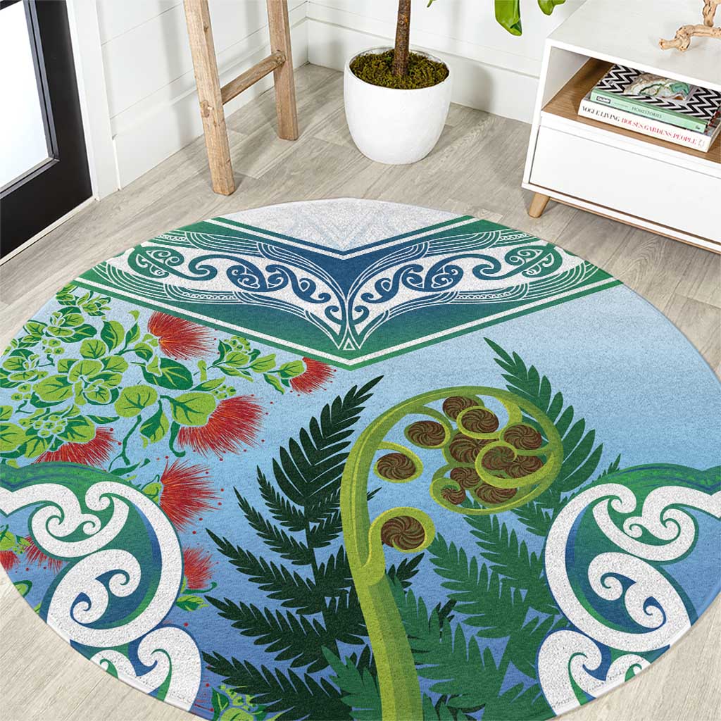 Aotearoa New Zealand Natural Plants Round Carpet Pohutukawa with Silver Ferns Koru Frond Maori Tattoos