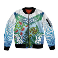 Aotearoa New Zealand Natural Plants Sleeve Zip Bomber Jacket Pohutukawa with Silver Ferns Koru Frond Maori Tattoos