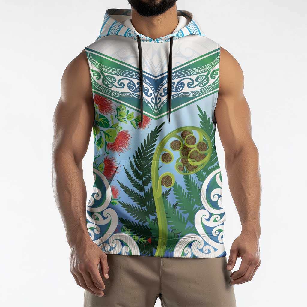 Aotearoa New Zealand Natural Plants Sleeveless Hoodie Pohutukawa with Silver Ferns Koru Frond Maori Tattoos LT03 - Polynesian Pride